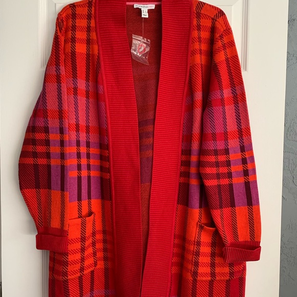Isaac Mizrahi Choice Pattern Jacquard Cardigan Red Plaid Large New - Picture 1 of 7